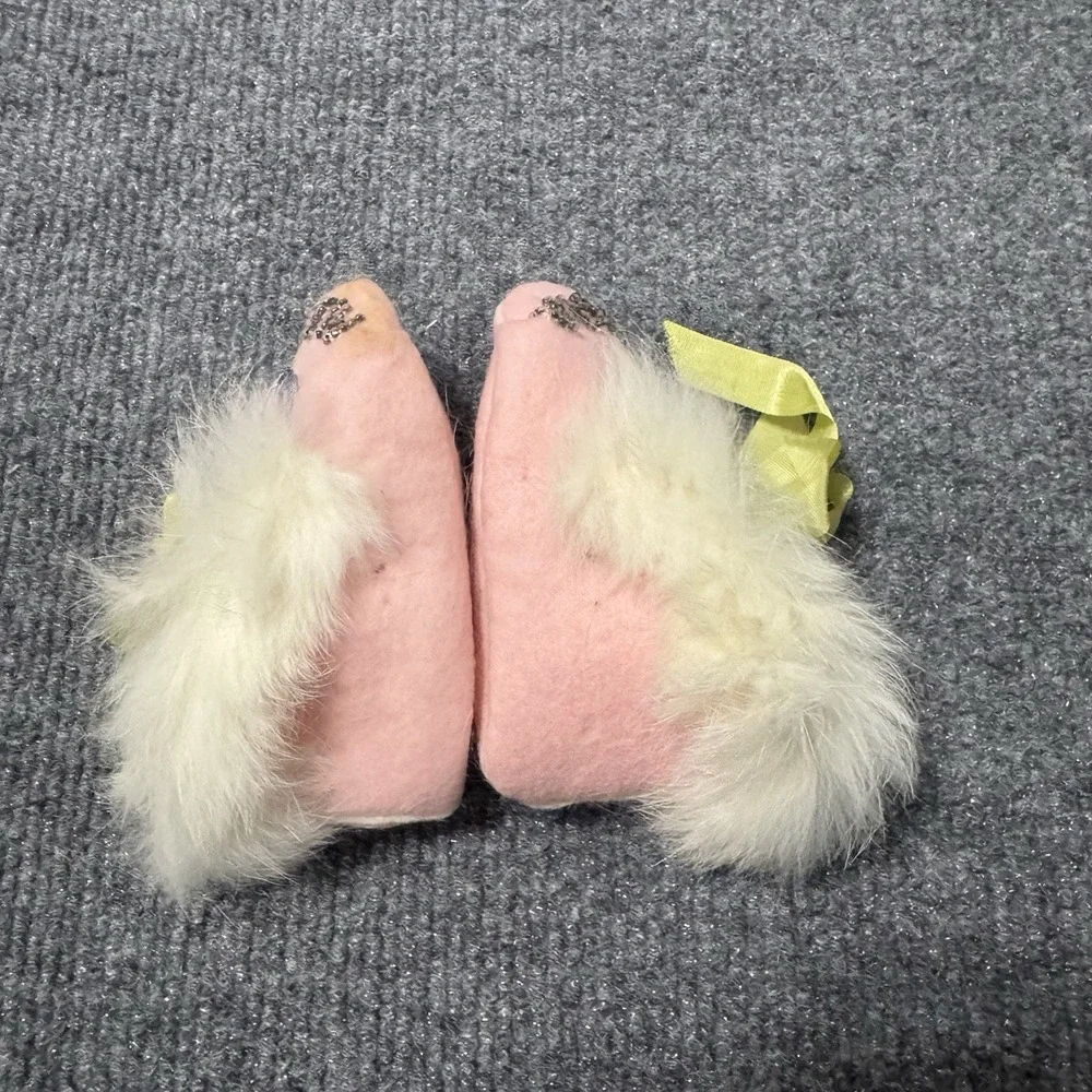 VTG Alaska Pink Baby Mukluks Shoes Beaded Rabbit Fur Trim Green Ribbon 50's-60's
